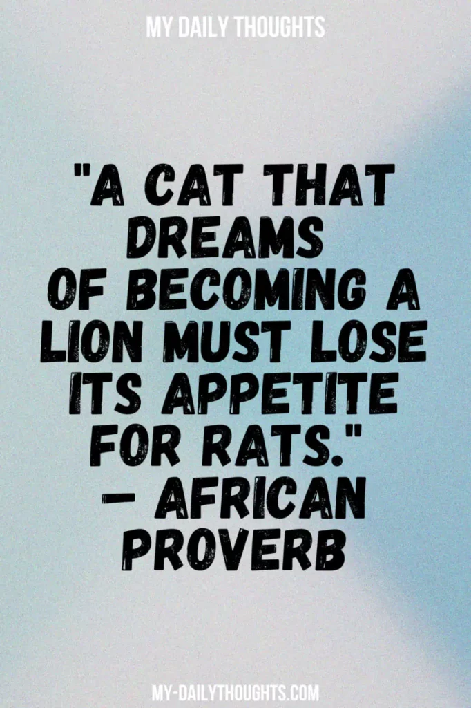 "A cat that dreams of becoming a lion must lose its appetite for rats." – African Proverb