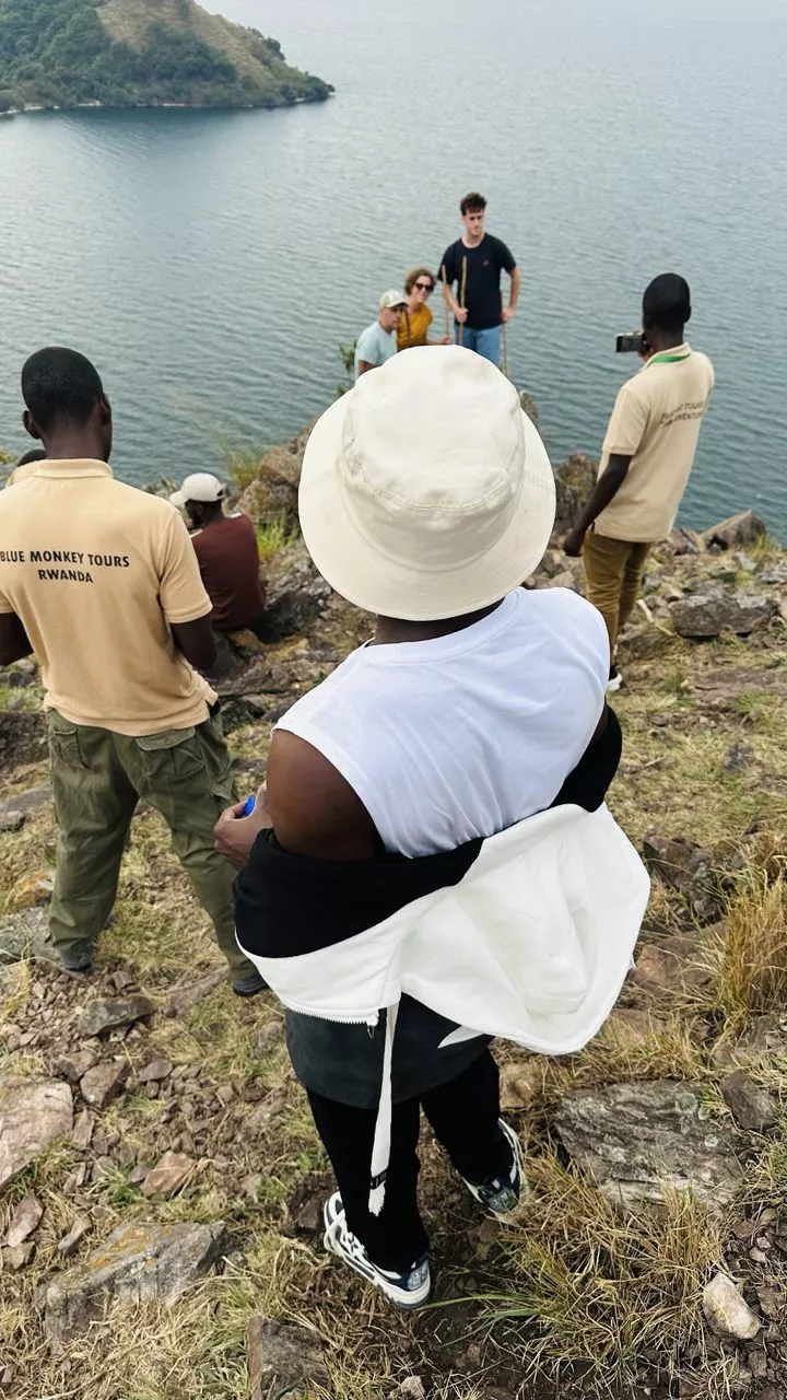 Lucky with other travelers on an island in Karongi